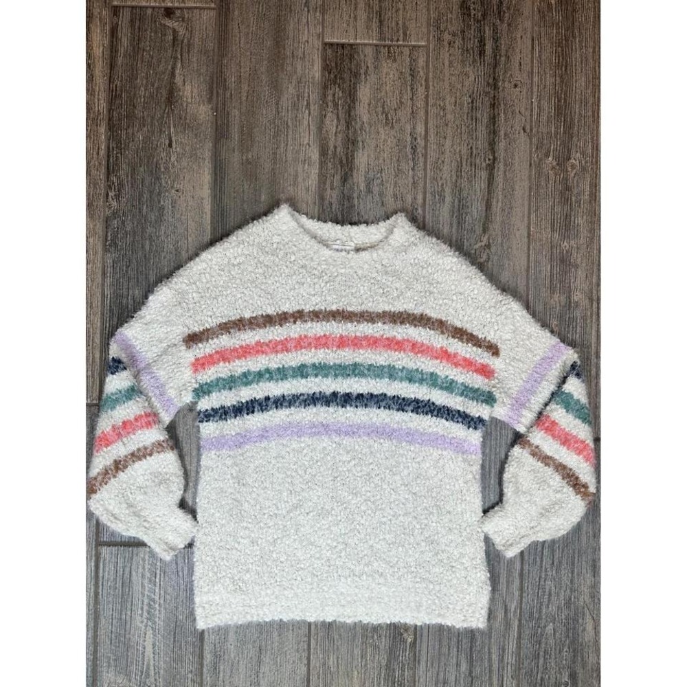Blu Ivy M/L Striped Pullover Sweater Fuzzy Knit Cream Brown Teal Purple Cozy Top